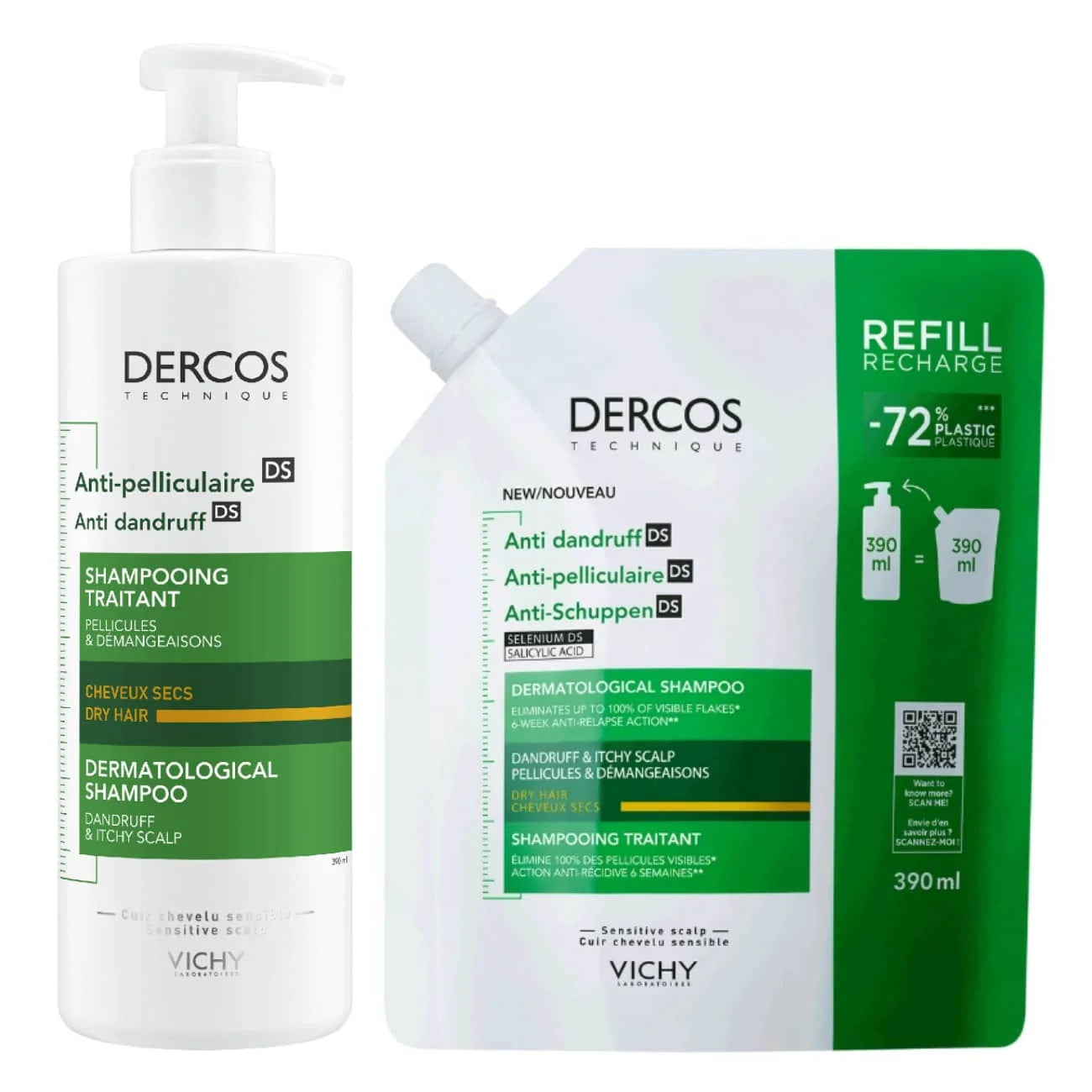 DERCOS DUPLO CHAMPO SECO ANTICASPA 390 ML+REFILL
